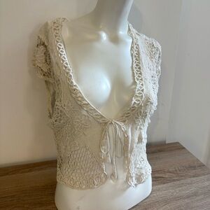 Free People Cream Crochet Tie-Front Top